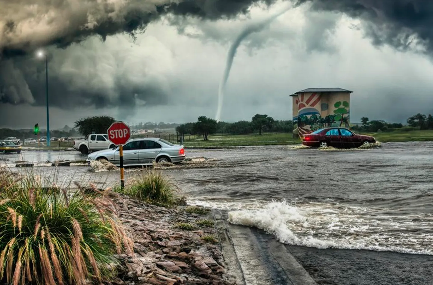 Image of a tornado close to a highway